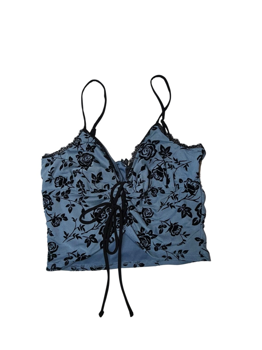 Blue Floral Lace-Trim Lace-Up Cami